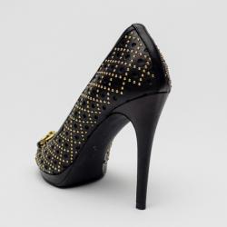 Pre Owned Gucci Black Leather New Hollywood Studded Horsebit Peep Toe Pumps Size 39