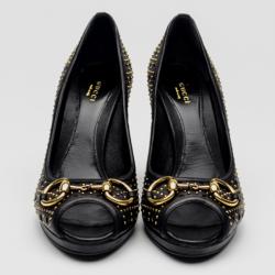 Pre Owned Gucci Black Leather New Hollywood Studded Horsebit Peep Toe Pumps Size 39