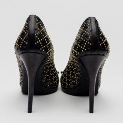 Pre Owned Gucci Black Leather New Hollywood Studded Horsebit Peep Toe Pumps Size 39