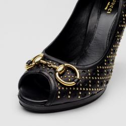 Pre Owned Gucci Black Leather New Hollywood Studded Horsebit Peep Toe Pumps Size 39