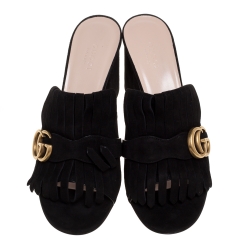 مملوكة مسبقًا Gucci Navy Blue Suede GG Marmont Fringed Slide Sandals Size 39