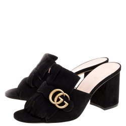 مملوكة مسبقًا Gucci Navy Blue Suede GG Marmont Fringed Slide Sandals Size 39