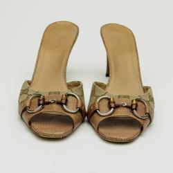 Pre Owned Gucci Beige Kitty Monogram Bamboo Horsebit Slides Size 40.5