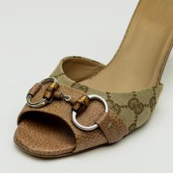 Pre Owned Gucci Beige Kitty Monogram Bamboo Horsebit Slides Size 40.5