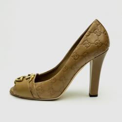 Pre Owned Gucci GG Logo Stamped Guccissima Caramel Leather Open Toe Pumps Size 38.5