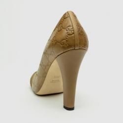 Pre Owned Gucci GG Logo Stamped Guccissima Caramel Leather Open Toe Pumps Size 38.5