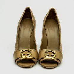 Pre Owned Gucci GG Logo Stamped Guccissima Caramel Leather Open Toe Pumps Size 38.5