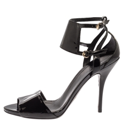 Pre Owned Gucci Black Patent Leather Open Toe Ankle Strap Sandals Size 40.5