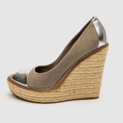 Pre Owned Gucci Beige Suede Peep Toe Espadrilles Wedges Size 38.5