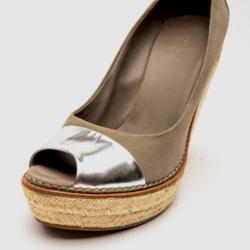 Pre Owned Gucci Beige Suede Peep Toe Espadrilles Wedges Size 38.5