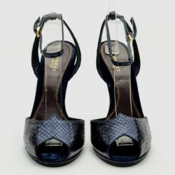 مملوكة مسبقًا Gucci Navy Blue Snakeskin Peep Toe Ankle Strap Sandals Size 38.5
