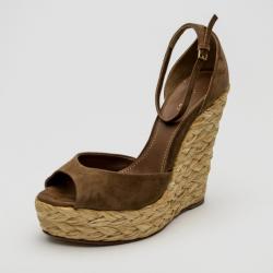 Pre Owned Gucci Brown Suede Woven Jute Peep Toe Platform Wedge Sandals Size 39