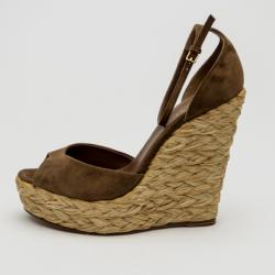 Pre Owned Gucci Brown Suede Woven Jute Peep Toe Platform Wedge Sandals Size 39
