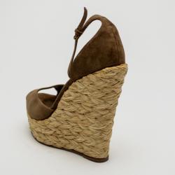 Pre Owned Gucci Brown Suede Woven Jute Peep Toe Platform Wedge Sandals Size 39