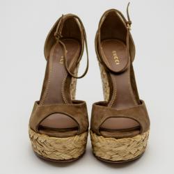 Pre Owned Gucci Brown Suede Woven Jute Peep Toe Platform Wedge Sandals Size 39