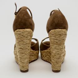 Pre Owned Gucci Brown Suede Woven Jute Peep Toe Platform Wedge Sandals Size 39