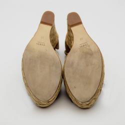 Pre Owned Gucci Brown Suede Woven Jute Peep Toe Platform Wedge Sandals Size 39