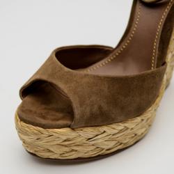 Pre Owned Gucci Brown Suede Woven Jute Peep Toe Platform Wedge Sandals Size 39