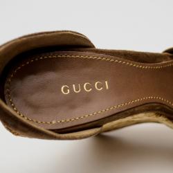 Pre Owned Gucci Brown Suede Woven Jute Peep Toe Platform Wedge Sandals Size 39