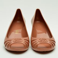 Pre Owned Gucci Dark Peach Interlocking 'G' Mid Heel Wedge Sandals Size 36