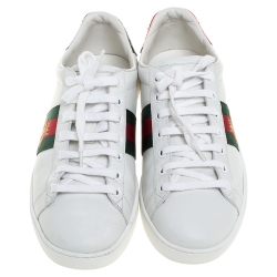 مملوكة مسبقًا Gucci White Leather Ace Web Low Top Sneakers Size 38