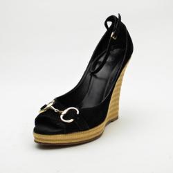Pre Owned Gucci Black Suede Horsebit Espadrille Wedges Size 39