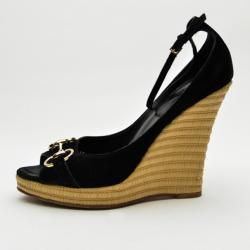 Pre Owned Gucci Black Suede Horsebit Espadrille Wedges Size 39