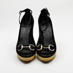 Pre Owned Gucci Black Suede Horsebit Espadrille Wedges Size 39