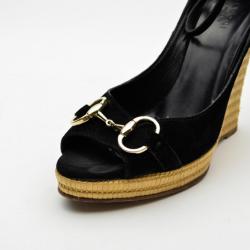 Pre Owned Gucci Black Suede Horsebit Espadrille Wedges Size 39