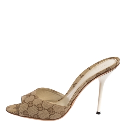 مملوكة مسبقًا Gucci Beige GG Canvas Open Toe Slide Sandals Size 38.5