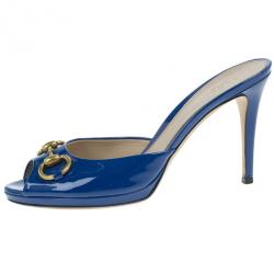 Pre Owned Gucci Blue Patent New Hollywood Horsebit Platform Mules Size 39