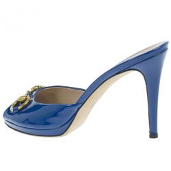 Pre Owned Gucci Blue Patent New Hollywood Horsebit Platform Mules Size 39