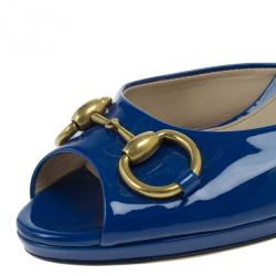 Pre Owned Gucci Blue Patent New Hollywood Horsebit Platform Mules Size 39