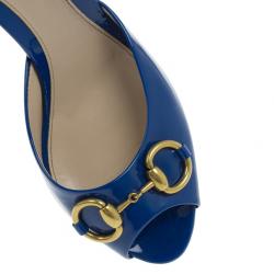 Pre Owned Gucci Blue Patent New Hollywood Horsebit Platform Mules Size 39