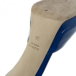 Pre Owned Gucci Blue Patent New Hollywood Horsebit Platform Mules Size 39