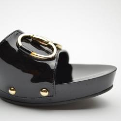 Pre Owned Gucci Black Patent 'Icon Bit' Clog Slides Size 37