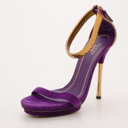 Pre Owned Gucci 'Kelis' Suede and Python Ankle Strap Platform Sandals Size 37.5