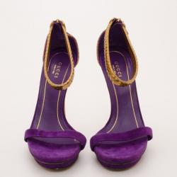 Pre Owned Gucci 'Kelis' Suede and Python Ankle Strap Platform Sandals Size 37.5