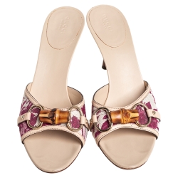 Gucci Beige/White Flora Canvas And Leather Bamboo Horsebit Slides Sandals Size 40.5