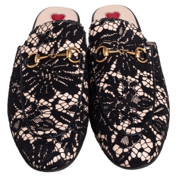 مملوكة مسبقًا Gucci Black/Pink Lace Princetown Mules Sandals Size 41