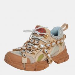 Beige/grey Leather And Mesh Flashtrek Removable Crystals Sneaker