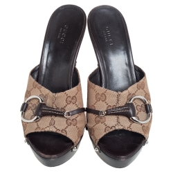 Pre Owned Gucci Beige/Brown GG Canvas Horsebit Platform Mules Size 39