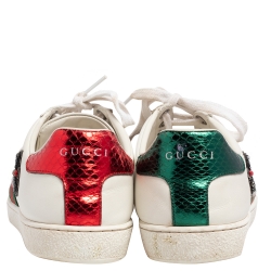 مملوكة مسبقًا Gucci White Leather Ace Embroidered Arrow Appliqué Low Top Sneakers Size 37