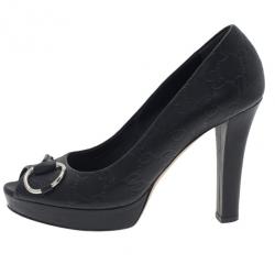 مملوكة مسبقًا Gucci Black GG Leather New Sunset Peep Toe Platform Pumps Size 38