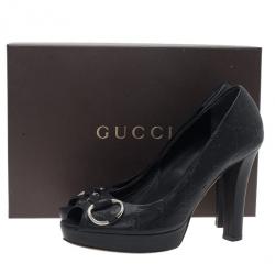 مملوكة مسبقًا Gucci Black GG Leather New Sunset Peep Toe Platform Pumps Size 38