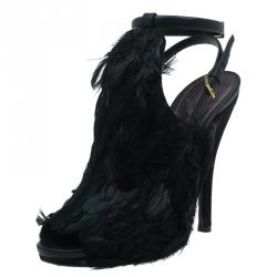 Pre Owned Gucci Dark Green Feathers and Suede Jane Peep Toe Booties Size 38
