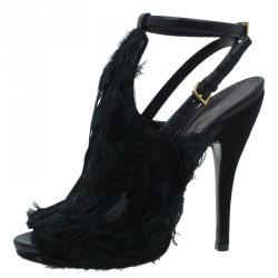 Pre Owned Gucci Dark Green Feathers and Suede Jane Peep Toe Booties Size 38
