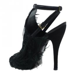 Pre Owned Gucci Dark Green Feathers and Suede Jane Peep Toe Booties Size 38