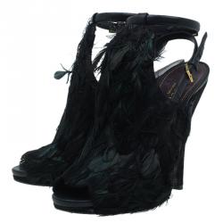 Pre Owned Gucci Dark Green Feathers and Suede Jane Peep Toe Booties Size 38