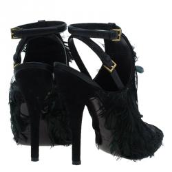 Pre Owned Gucci Dark Green Feathers and Suede Jane Peep Toe Booties Size 38